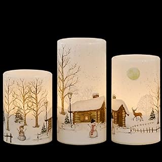 Eldnacele Christmas Flameless Candles Flickering with 6H Timer, 3 Pack Snow Scene Snowman Decal Real Wax Candles Lights LED Flames for Christmas Home Decoration Powered by 2 AA Batteries