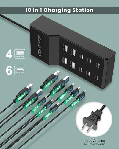 USB C Charger Block 10-Port USB-C Charging Station 6 USBC Ports & 4 USB-A Ports Total 50W USB Power Strip for Multi Devices for iPhone 16 17 15 14 13 12 Se, Galaxy, Pixel, Tablet, Camera, Headphones