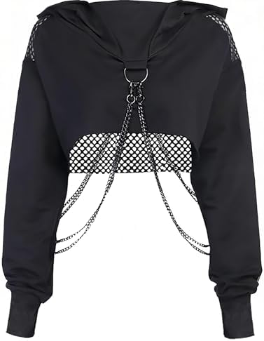 XKBHYD Gothic Punk Cool Girl Drachen Muster t Shirts Langarm Hosenträger Frauen T-Shirt Crew Neck Schwarz Crop Top Herbst Pullover