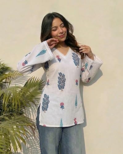 Image of ANNI Designer Women's Viscose Blend Printed Short Kurti | Ethnic Printed Tunic Top | V Neck Lace Detail | Full Sleeve Hip Length Kurta Top for Women