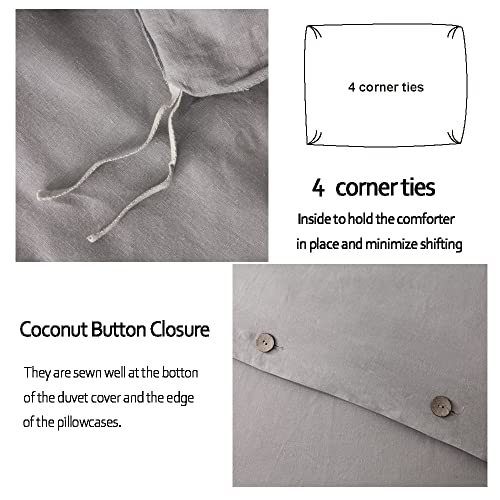 Meadow Park Stone Washed Linen King Duvet Cover 3-pc Set, Oeko-Tex Certified, Ultra-Soft, Machine Washable, All Season, Grey Color - Thumbnail 4