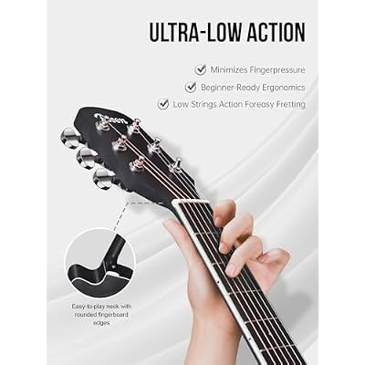 Rosen Solid Top Dreadnought Acoustic Guitar 41 Inches Spruce Guitar Beginner Bundle with Book, Padded Bag, Strings, Picks, Hexwrench, Strap, Polishing Cloth, Black