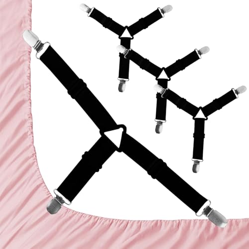 Adjustable Bed Sheet Straps with Durable Metal Clips 4 Pack for Sheets Sofa Covers Curtains and Tablecloths, Black