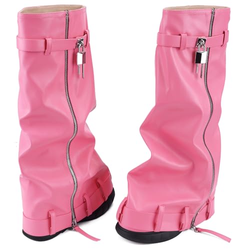 Fold Over Wedge Boots For Women Slouchy Rounded Toe Platform Knee Shark Boot With Side Zipper Pull-on Padlack Boots4