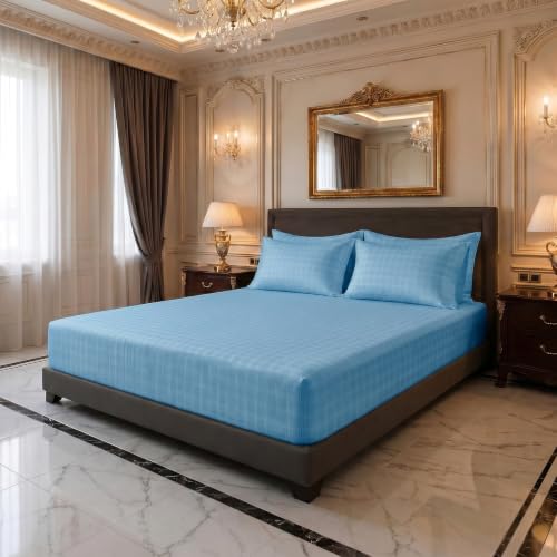 Image of LINENWALAS 300 TC Organic Bamboo Jacquard Check Fitted Bedsheet for King Bed, Silky Soft Sateen Weave with Fully Elastic Deep Pocket | Breathable, Cooling & Hypoallergenic (Bahamas Blue, 72 inchx78 inch)