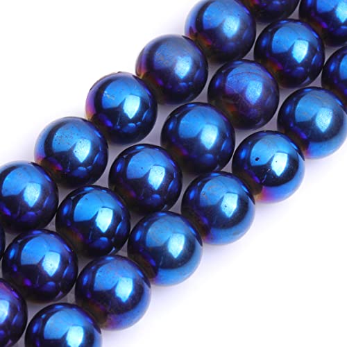 GEM-Inside 14mm Blue Metallic Coated Hematite NonMagnetic Gemstone Loose Beads Round Energy Stone Power Beads for Jewelry Making 15"