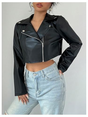 OYOANGLE Women's PU Leather Cropped Jacket Zip Up Motorcycle Jackets Coat2
