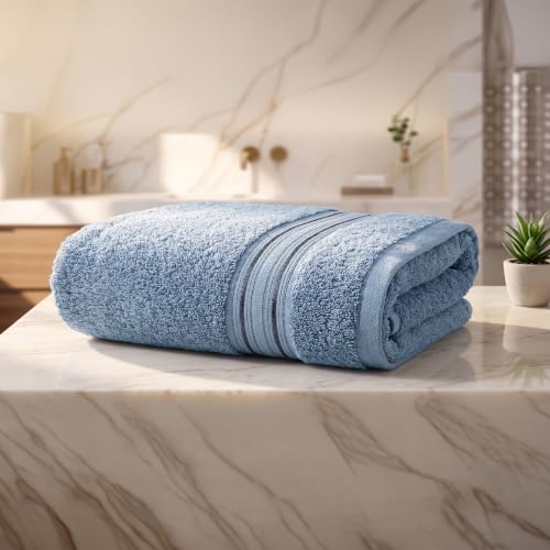 Image of LANE LINEN 575 GSM 100% Cotton Large Size Bath Towel - Dusk Blue | Zero-Twist Weave, Extra-Large 75x150cm, Quick Dry & Absorbent, Suits Bath, Gym & Travel