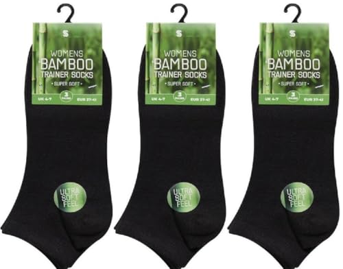 Image of OnlyBee 3 Pairs of Womens Healthy Bamboo Trainer Liners Ankle Socks UK Size 4-7 White or Black Jogging Running Sports (UK, Numeric, 4, 7, Regular, Regular, Black)