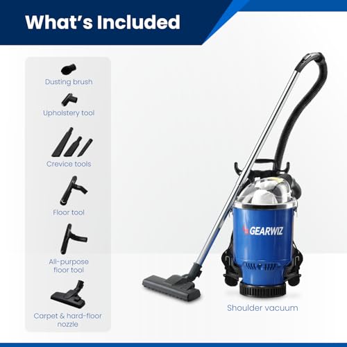 Image of Gearwiz Backpack Vacuum Cleaner - 1000W Shoulder Vacuum with 25KPA Suction, Bagged or Bagless Use, Adjustable Harness, Double Filtration, Washable Dust Bag & Tools for Home, Office, Stairs & Cars
