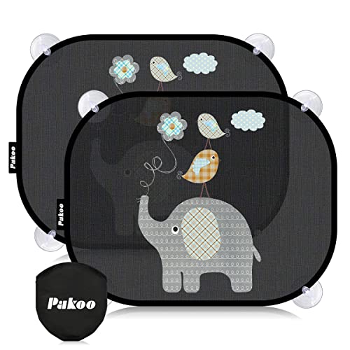 Image of Pakoo Car Sun Shade for Baby with UV Protection, 2 Pack UV Protection Breathable Car Window Sun Shade for Children with Cute Animal Motifs, 17.7 x 14 inches Sun Shades with 8 Cups