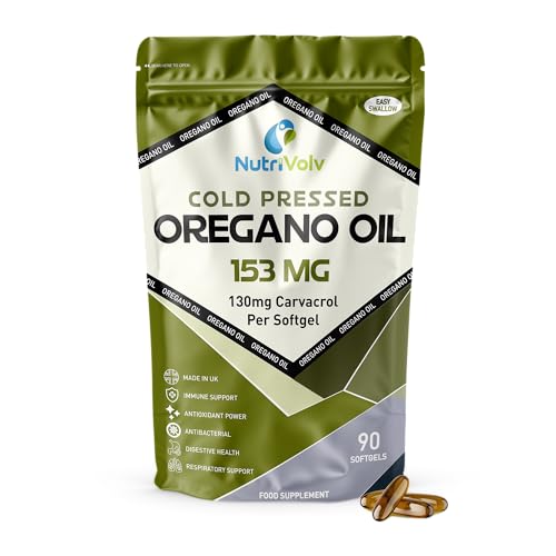 Oregano Oil 153mg | 90 Softgels | 130mg Carvacrol | High Concentration (85%+ Carvacrol) | Cold-Pressed 100% Greek Essential Oil of Oregano | Immune Gut & Respiratory Support | by NutriVolv