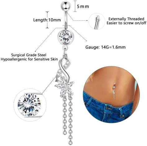 Finrezio 6pcs 14G Dangly Belly Button Bars for Women Stainless Steel Belly Button Rings Moon Star Heart Navel Rings Flower Cubic Zirconia Body Piercing Jewelry
