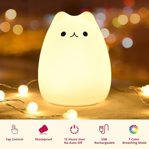 Image of Desidiya Cute Kitty Night Light for Kids, Rechargeable Silicone LED Lamp with Warm White & 7-Color Modes | Tap Control | Soft BPA-Free | Gift for Girls | Baby Toddler Bedroom Decor