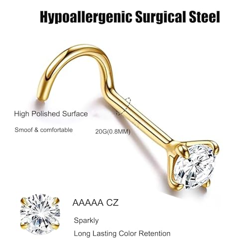 Gingying 8P-GOLD Nose Rings Studs: 8Pcs 20G 316L Surgical Steel Nose Studs Hypoallergenic Corkscrew Nose Piercing Stud Jewelry For Women Men Silver Cubic Zirconia Imitation Diamond 1.5Mm 2Mm 2.5Mm 3Mm thumb #1