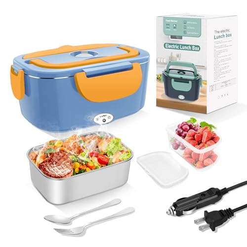Image of HOLDRUBY Heated Lunch Boxes for Adults, 80W Electric Lunch Box Food Heated 12 /24 /110V 1.5L Heatable Lunch Box for Car /Truck Leak-Proof Removable Stainless Steel Container, Fork & Spoon, Bag