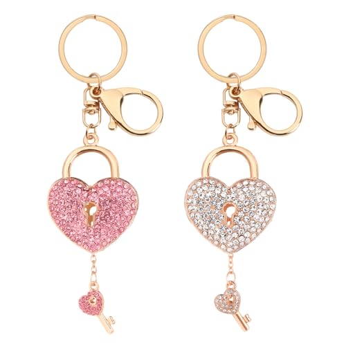 2 PCS Rhinestone Heart Keychain Glitter Crystal Heart Lock Key Ring Bling Love Purse Pendant Charm for Women Girls