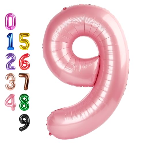 Image of Number Balloons 9 Balloon Pearl Pink for 9th Birthday Decoration, 40 inch | Saturated Color, Large 40 in, With Straw & Hanging Hole, For Back-to-School Season, Wedding, Christmas, New Year, Anniversary
