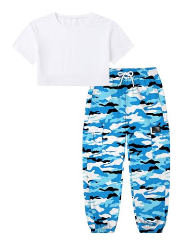 Image of Betusline Girls 2 Piece Set, White Cute Short Sleeve Crop Tops + Sky Blue Camo Cargo Jogger Pants Clothes, 9-10Y = Tag 150