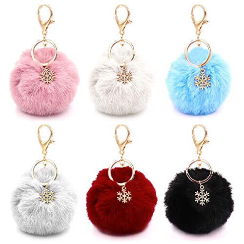 Forreen Portachiavi in Morbida Pelliccia, 6 Pezzi Portachiavi Pom Pom Peloso Pelliccia di Coniglio Finta Multicolore Elegante Fiocco di Neve Portachiavi Pompon per Signore Ragazze Donne