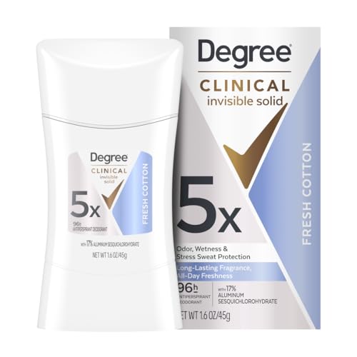 Degree Clinical Strength Antiperspirant Deodorant 96-Hour Sweat and Odor Protection Fresh Cotton Invisible Solid 5x Types of Sweat 1.6 oz