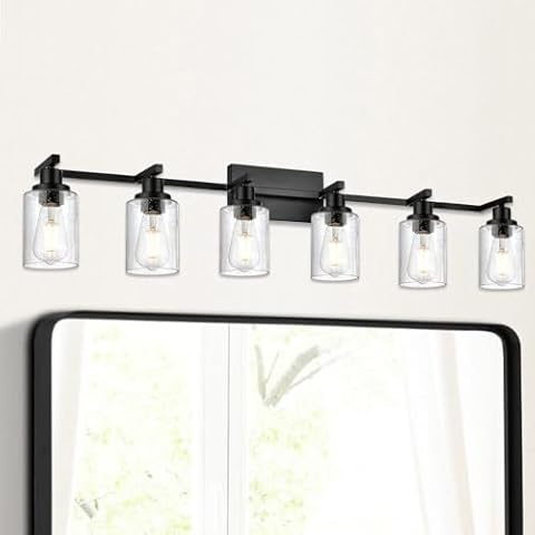 WINSHEN Black Bathroom Light Fixtures 6-Lights, Vanity Light Wall Mounted Over Mirror with Seeded Glass Shade, Bath Vanity Wall Sconce Lighting E26 Base for Kitchen Dressing Table Living Room Cover
