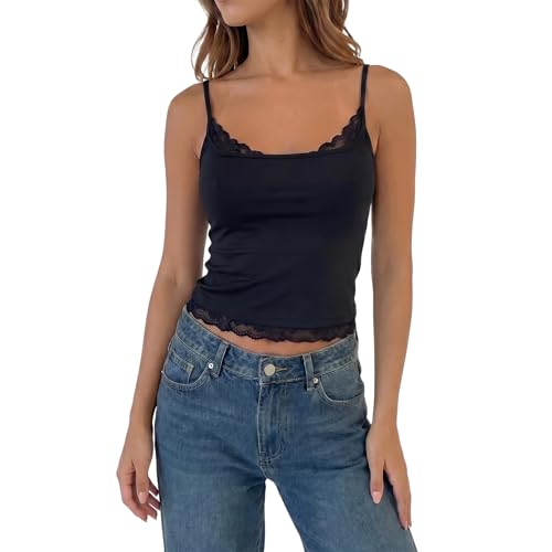 Image of Supcomsta Lace Cami Top, Women's Lace Camisole with Adjustable Spaghetti Straps, Sexy Sleeveless Tank Top for Y2k Going Out Top (UK, Alpha, M, Regular, Regular, Black)