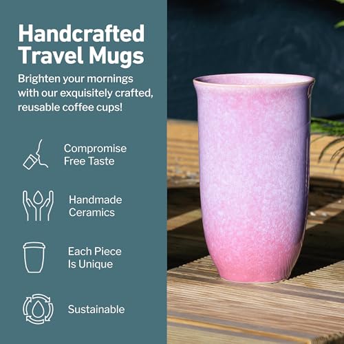 Image of NOVA CERAMICS Coffee Travel Mug - Cup Holder Friendly Travel Mug- Microwave & Dishwasher Safe White & Purple Tumbler - Coffee Mug Fits In Cup Holder - 16oz - Astral Bloom