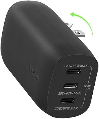 Belkin 67W 3 Port USB C Charger Block, PPS Fast Charging for MacBook | Super Fast Charging, Samsung Galaxy S25, iPhone 17, Air, Pro, Pro Max, AirPods, Apple Watch, Switch 2