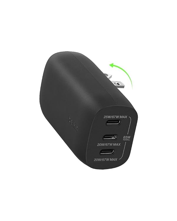 Belkin 3-Port USB C Charger Block w/PPS 67W, USB-C PD 3.1 Super Fast Charging - Samsung Galaxy S25, Apple iPhone 17, Air, Pro, Pro Max, MacBook, AirPods, Apple Watch, Nintendo Switch 2, etc. - Black by Belkin - Used condition - US$34.91
