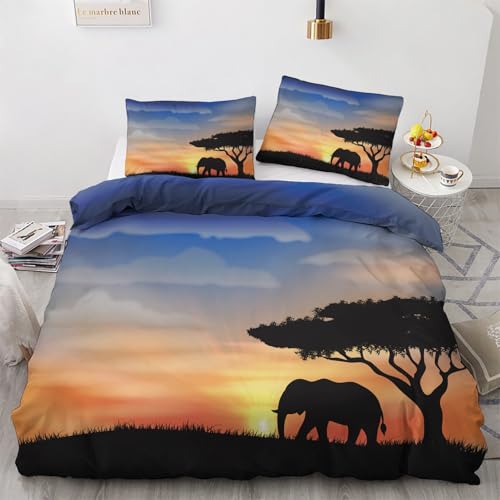 King Size Duvet Cover Sets African Elephant - Sunset Bedding 3 Piece...