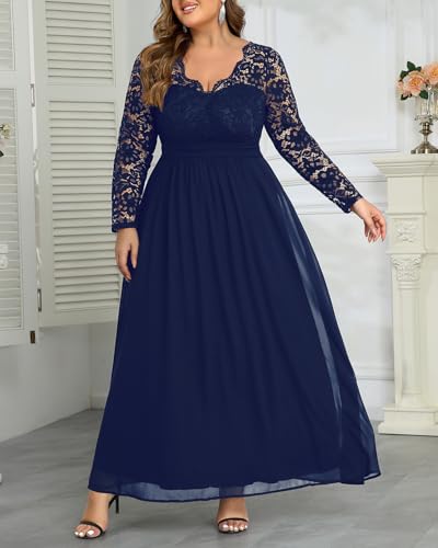 Image of Talisea Plus Size Formal Wedding Dresses - Gowns Evening Prom Elegant V Neck Long Sleeve Lace Chiffon Long Maxi Dress
