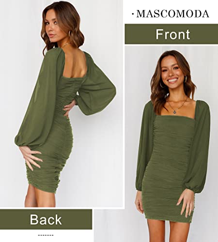 Image of MASCOMODA Women Elegant Square Neck Lantern Long Sleeve Mini Ruched Bodycon Dress Stretch Mesh Slim Party Cocktail Dresses