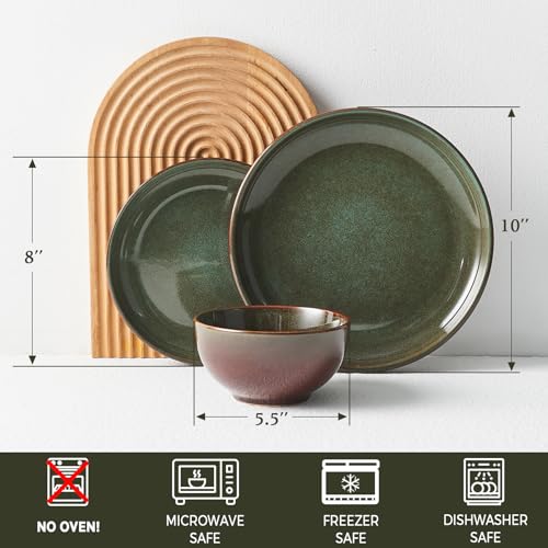 Pokini Stoneware Dinnerware Sets Service for 4, 12 pcs Reactive Glaze Plates and Bowls Sets, Handmade Ceramic Dish Set, Highly Chip and Crack Resistant Modern Plate Set, Brown Green by Pokini - Image 2