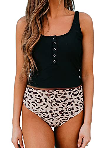 Trahey High Waist Bikini Tummy Control Tankini Retro Coverage 2 Piece Swimsuit for Women Athletic Cutout Bathing Suit Black