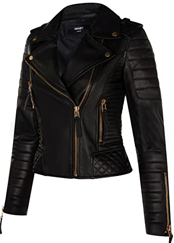Ladies Leather Biker Jacket Quilted Matte Black Gold Zip Real Nappa Goth Fashion Moto Jacket2