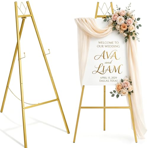 WATIHERE 57.5" Gold Easel Stand for Wedding Sign – 4 Adjustable Height Levels, Assembly Required, Heavy Duty Metal Display Stand for Art, Paintings, Posters, Pictures, and Home Décor by WATIHERE - Used condition - US$46.54