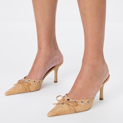 Mattiventon Nude Kitten Heels for Women Pointed Toe Heel Slip On Suede Dress Kitten High Heel Pumps Backless Wedding Shoes Size 83
