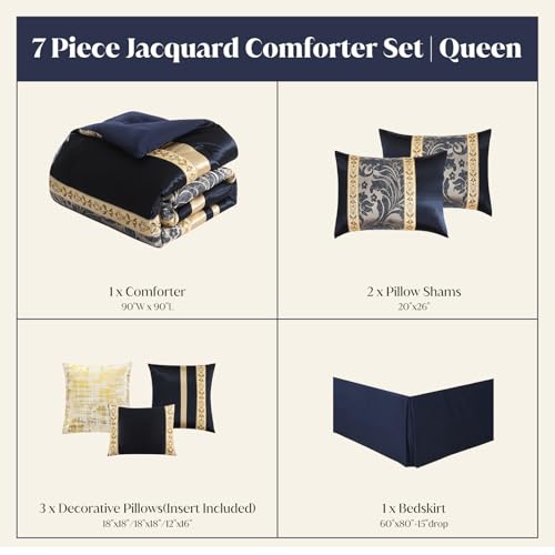 Image of CozyDH Luxury Comforter Set Queen Size, Navy Blue Gold - 7 Piece Bed in a Bag Jacquard Vintage Floral Damask, All Season Down Alternative Bedding with Bed Skirt, Shams, Decorative Pillows, 90x90 in