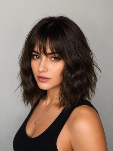 ENTRANCED STYLES Dark Brown Short Wavy Wig With Bangs Brown Wigs for Women 14inch Shoulder Length Bob Curly Wavy Wig Natural Wavy Synthetic Heat Resistant Fiber Hair for Daily Party Halloween Use