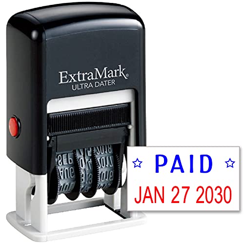 ExtraMark Ultra Dater Self-Inking Rubber Date Office Stamp with Paid Phrase & Date - Style 2, Blue/Red Ink, 12-Year Band
