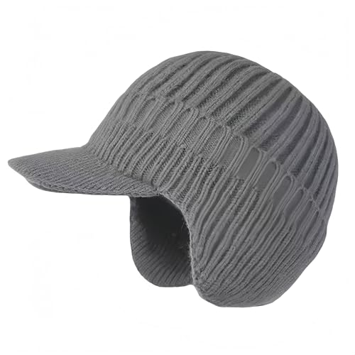 JHDESSLY Knit Beanies with Visor & Earflaps for Men and Women, Winter Hats Fleece Lined Hat Stocking Caps Soft Warm Headwear Grey