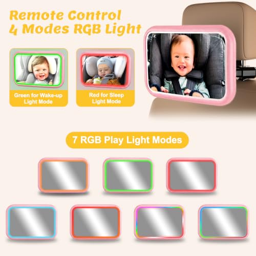 Image of Baby Car Mirror with Light, Pink | 7 RGB Light Rear Facing Car Seat Mirror for Baby with Remote Control Rechargeable 360 Rotation Hook Clip Design Wide View
