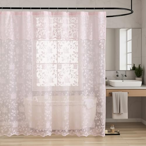 TERLYTEX Pink Lace Shower Curtain, 1 Panel, 72 x 72 Inch, Country Rustic Vine Floral Leaves Patterned Sheer Lace Shower Curtain with Attached Valance for Bathroom Vintage Farmhouse Decor