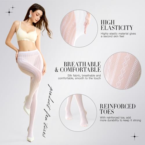 MANZI Women's Hollow Out Knitted Patterned Tights White Lace Fishnet Stockings Vertical Strips Pantyhose with High Waist