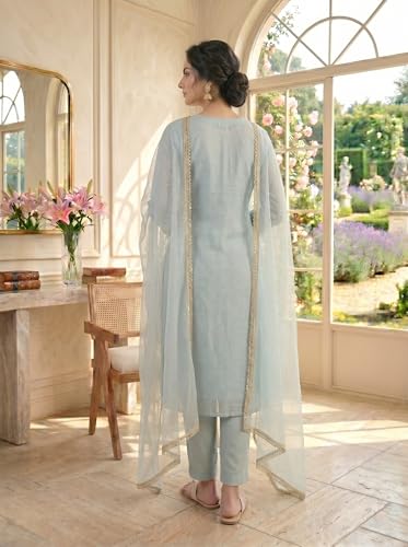SHRITHI FASHION FAB Women's Blue Chanderi Silk Kurta Set Sky-Blue - Image 5