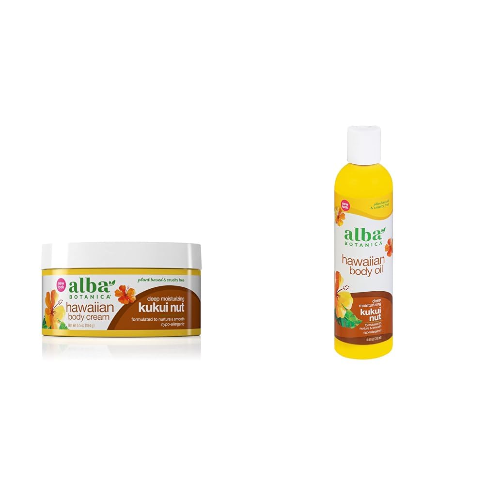 Alba Botanica Hawaiian Body Cream & Oil Bundle - Deep Moisturizing Kukui Nut, Cream 6.5 Oz & Oil 8.5 Oz