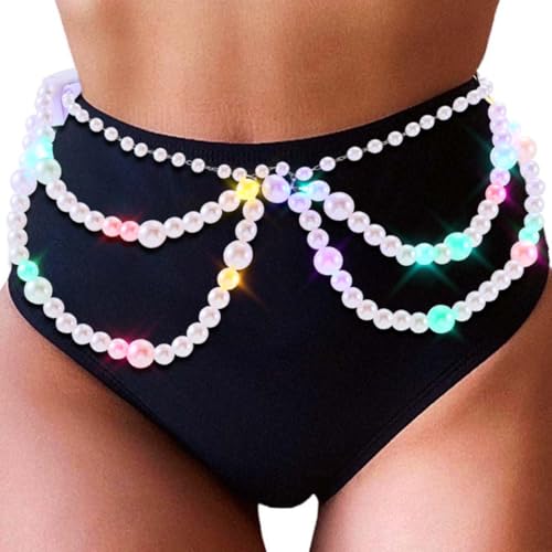 DRESBE Light Up Pearl Waist Belt LED Bikini Body Chains Rave Body Accessories for Women White