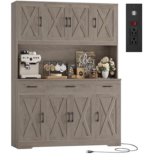 HOSTACK 71" Tall Kitchen Pantry Storage Cabinet, 55" W Kitchen Hutch, Grey