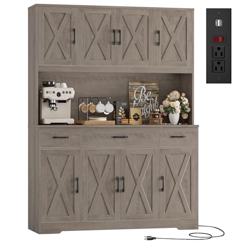 Image of HOSTACK 71 inch Tall Pantry Cabinet with Charging Station, 55 inch Wide Kitchen Pantry Storage Cabinet with Countertop, Large Kitchen Hutch with Storage Drawers and Microwave Stand for Dining Room, Ash Grey